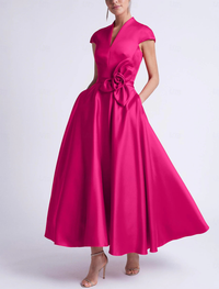 A-line tea-length sleeveless V-neck satin wedding guest dress with bow and pockets