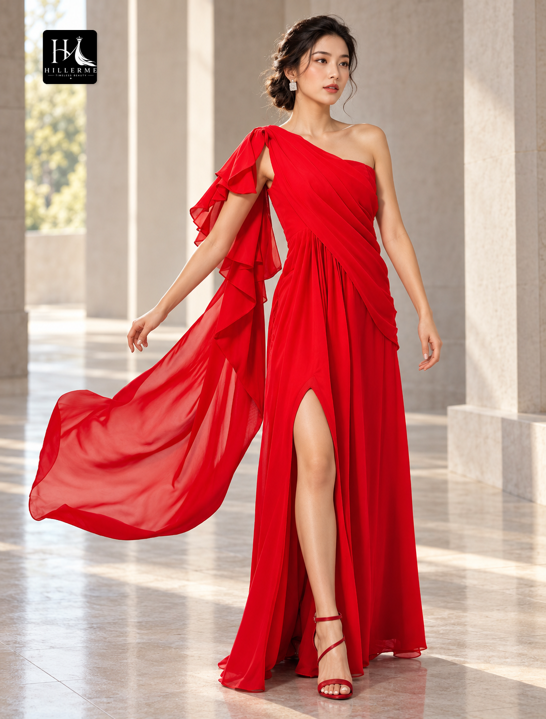 One-Shoulder Chiffon Sheath Evening Dress with Draping and Slit in Red and Green