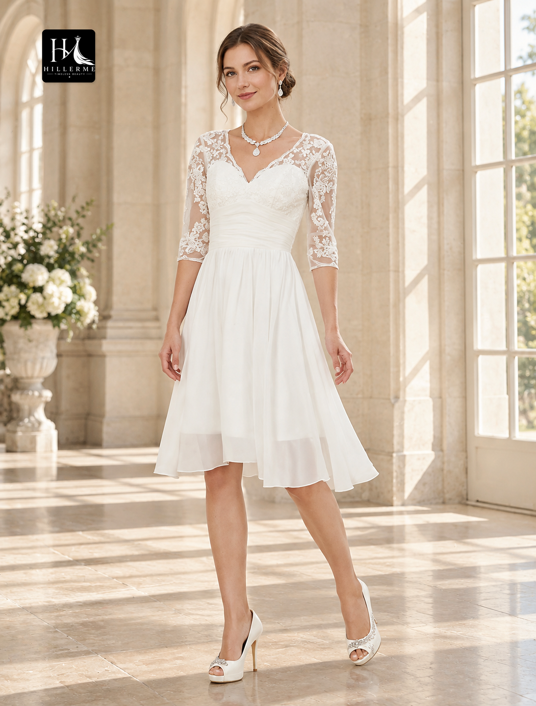 A-Line V-Neck Knee-Length Chiffon Wedding Dress with Half Sleeves and Appliques