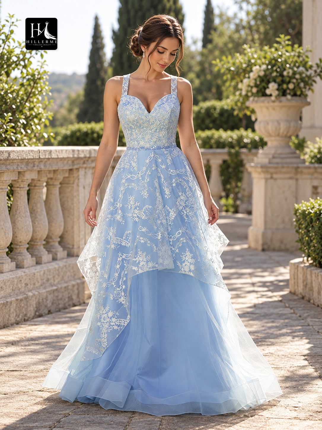 A-Line V-Neck Sleeveless Lace and Tulle Floor-Length Prom Dress