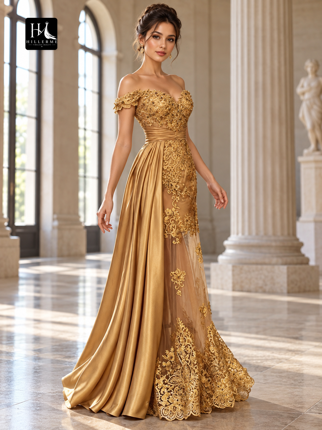 Off-the-Shoulder Applique Elastic Woven Satin Sheath Prom Dress