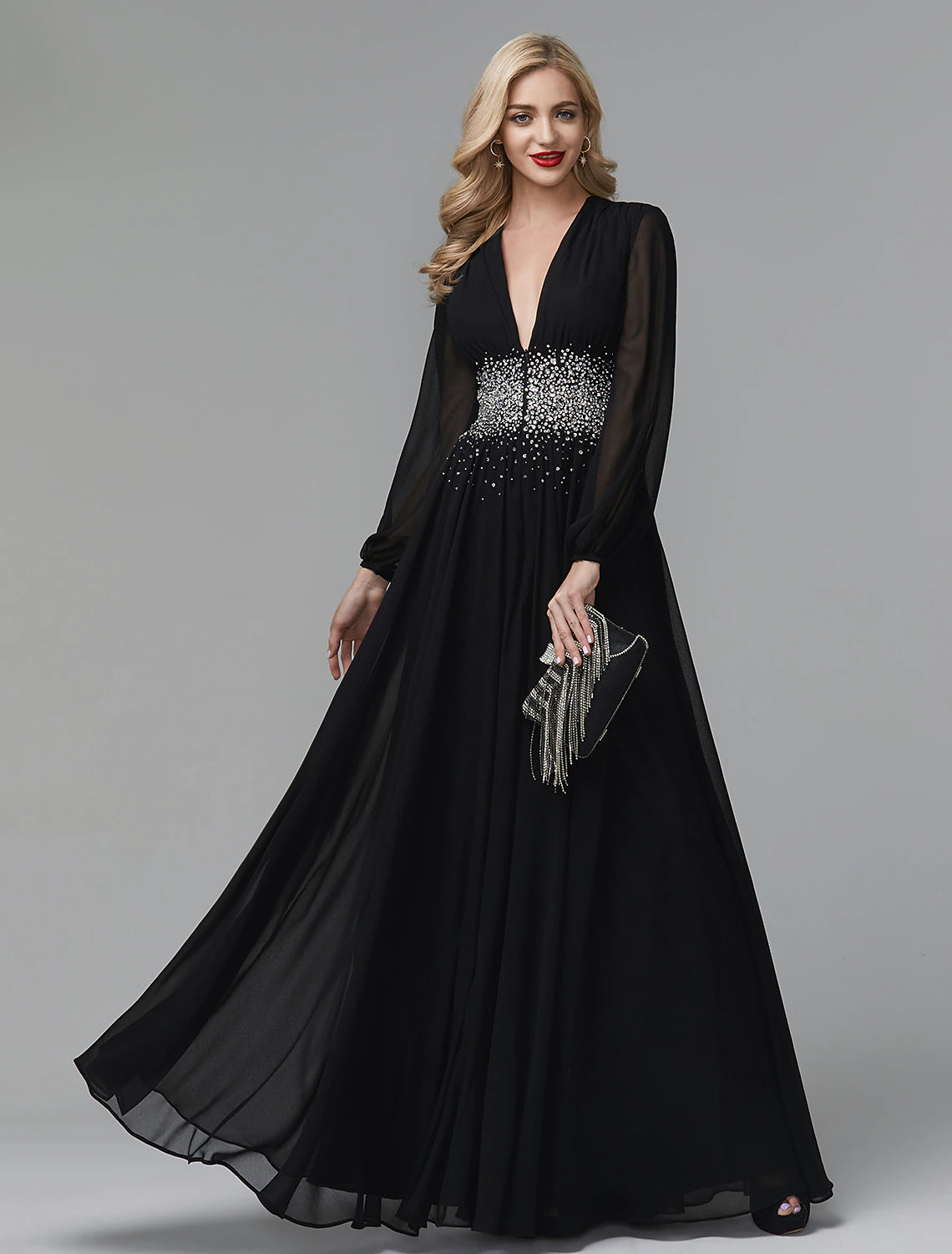 Alternate view of A-line long-sleeve evening gown with V-neckline and sequin embellishments