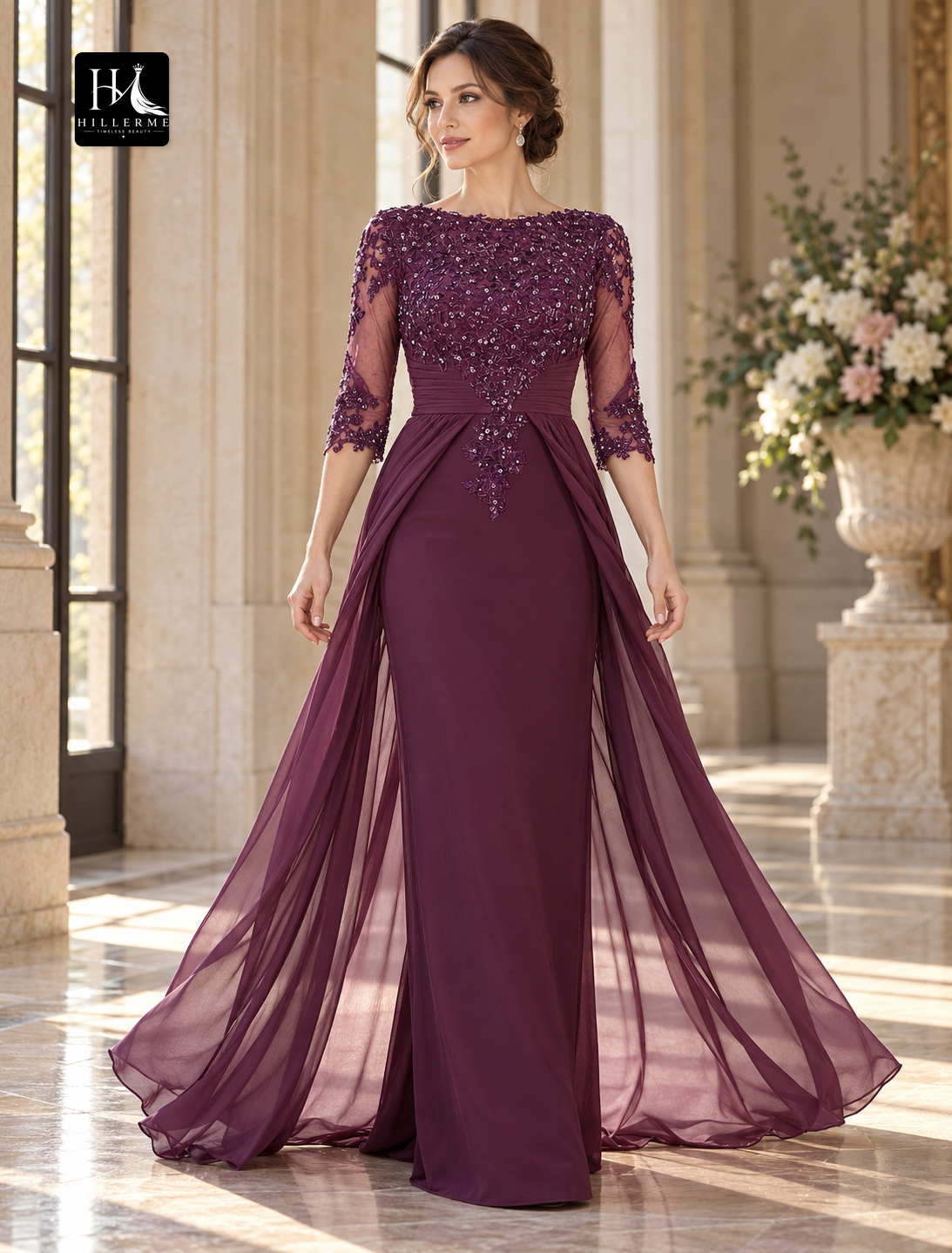 Sheath Chiffon and Lace Mother of the Bride Dress with Overskirt and 3/4 Sleeves