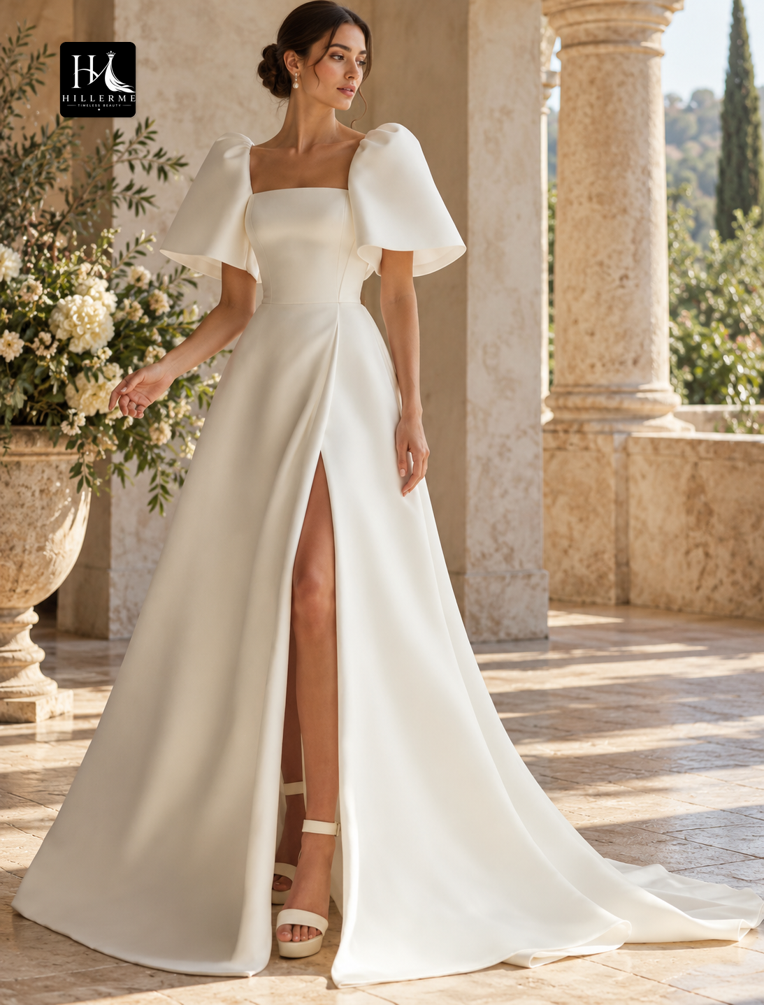 A-Line Square Neck Short Sleeve Satin Wedding Dress with Chapel Train