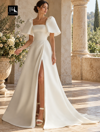 A-Line Square Neck Short Sleeve Satin Wedding Dress with Chapel Train