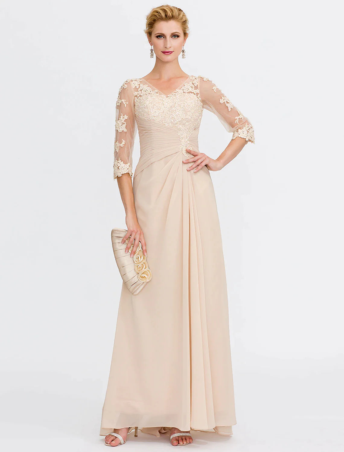 Champagne A-line chiffon mother of the bride dress with V-neck and half sleeves with appliques