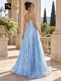 A-Line Lace Ruffled V-Neck Sleeveless Prom Dress with Sweep Train