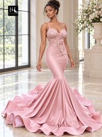 Trumpet/Mermaid Silk Like Satin Applique V-Neck Sleeveless Prom Dress