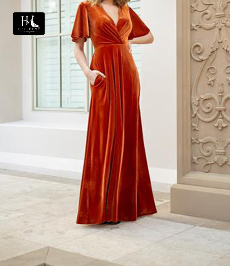 B5104 - Classic A-Line V-Neck Short Sleeve Velvet Bridesmaid Dress with Pleated Detailing