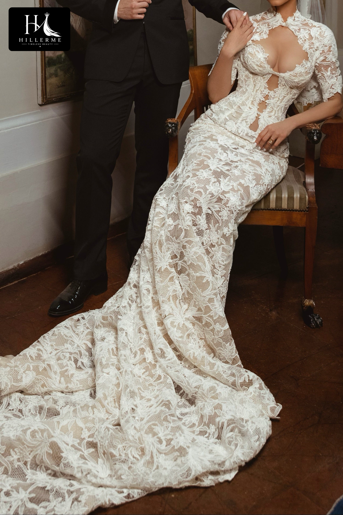 Illusion Lace Trumpet Wedding Dress with Chapel Train
