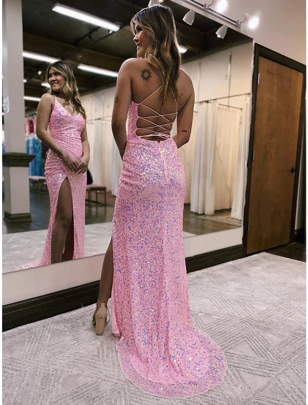 Sleeveless sequined backless mermaid prom dress with sequin slit and sweep train