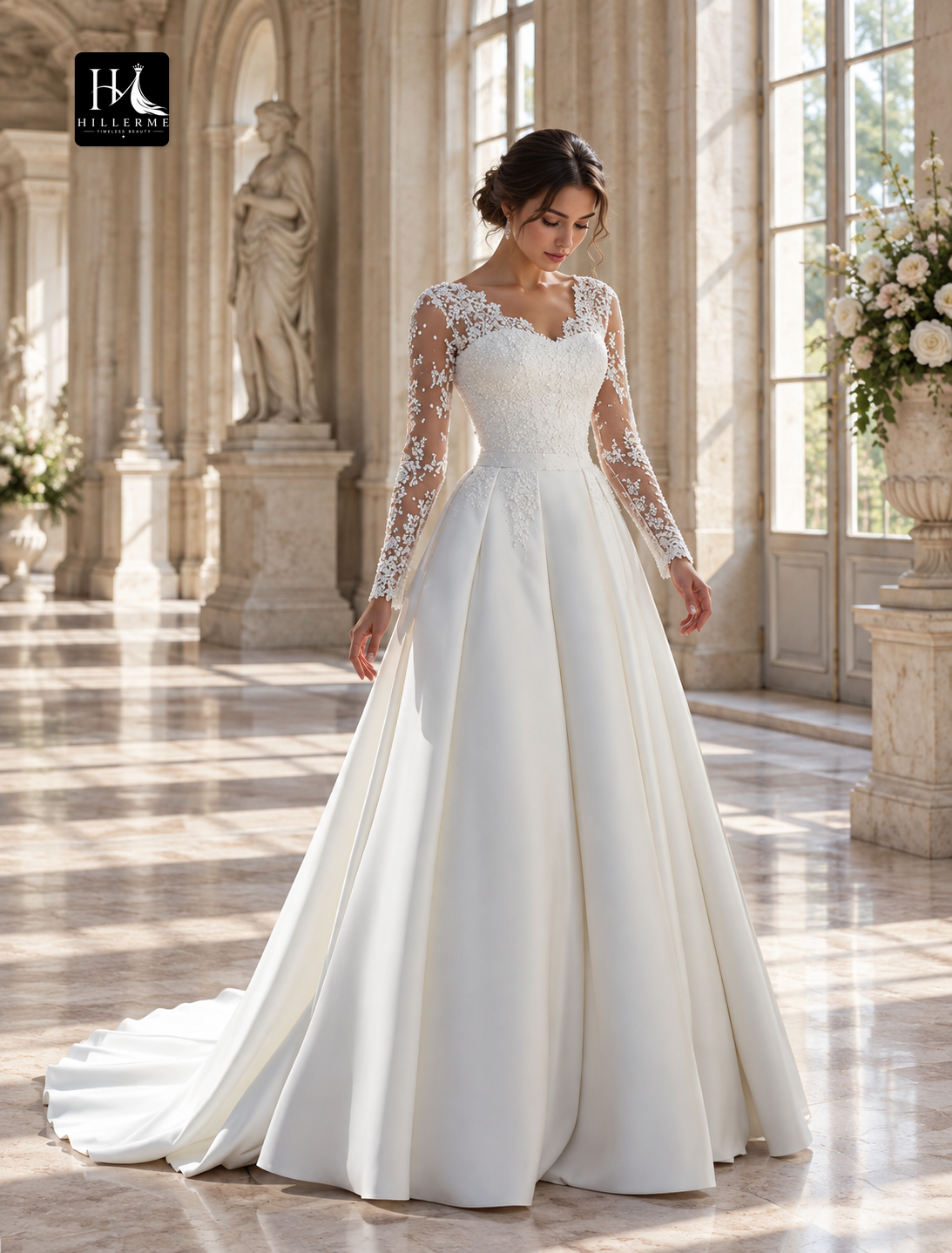 A-Line V-Neck Long Sleeve Satin Wedding Dress with Appliques and Court Train