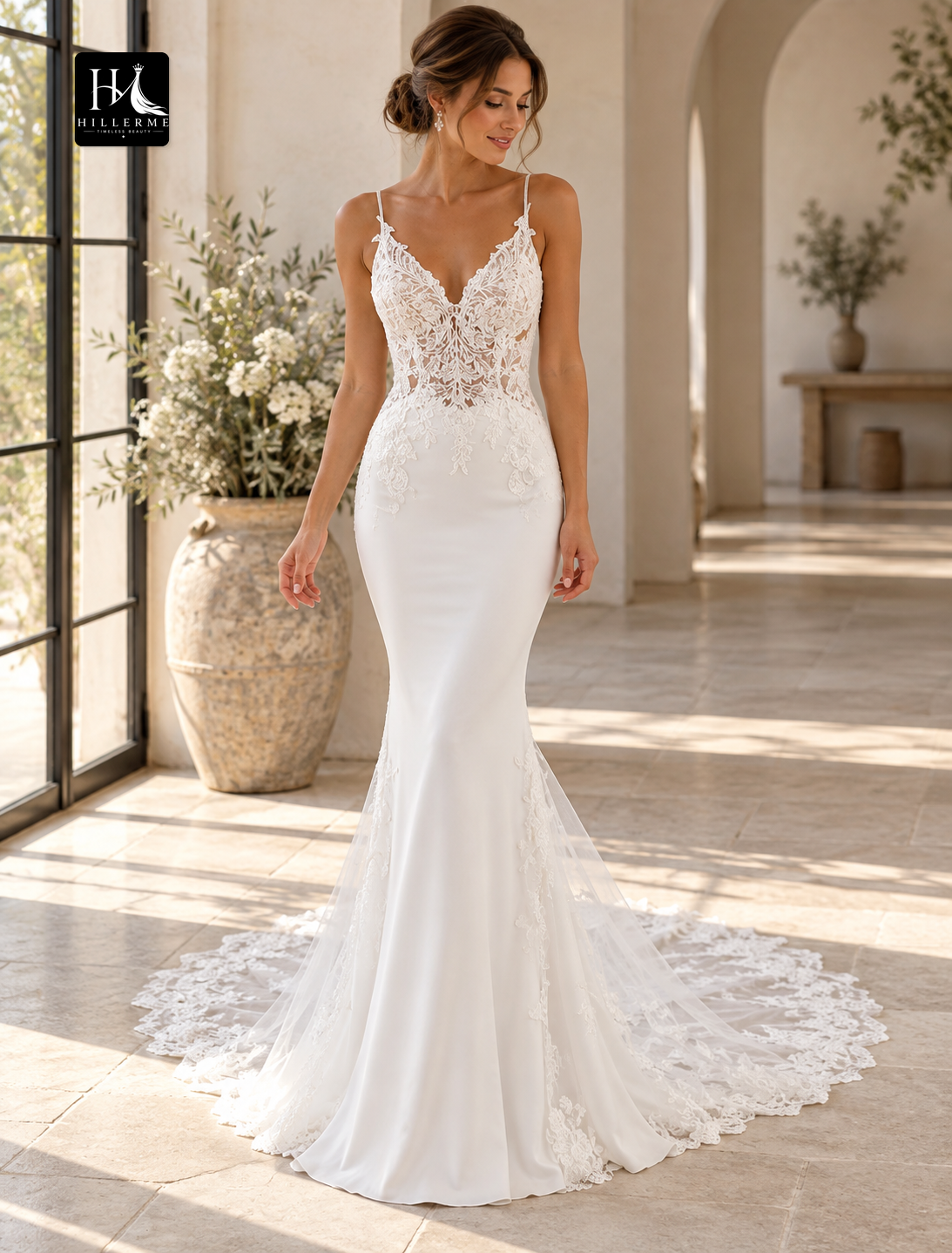 Sleeveless Camisole Mermaid Tulle Wedding Dress with Appliques and Court Train