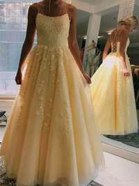 A-line tulle applique spaghetti straps sleeveless floor-length prom dress