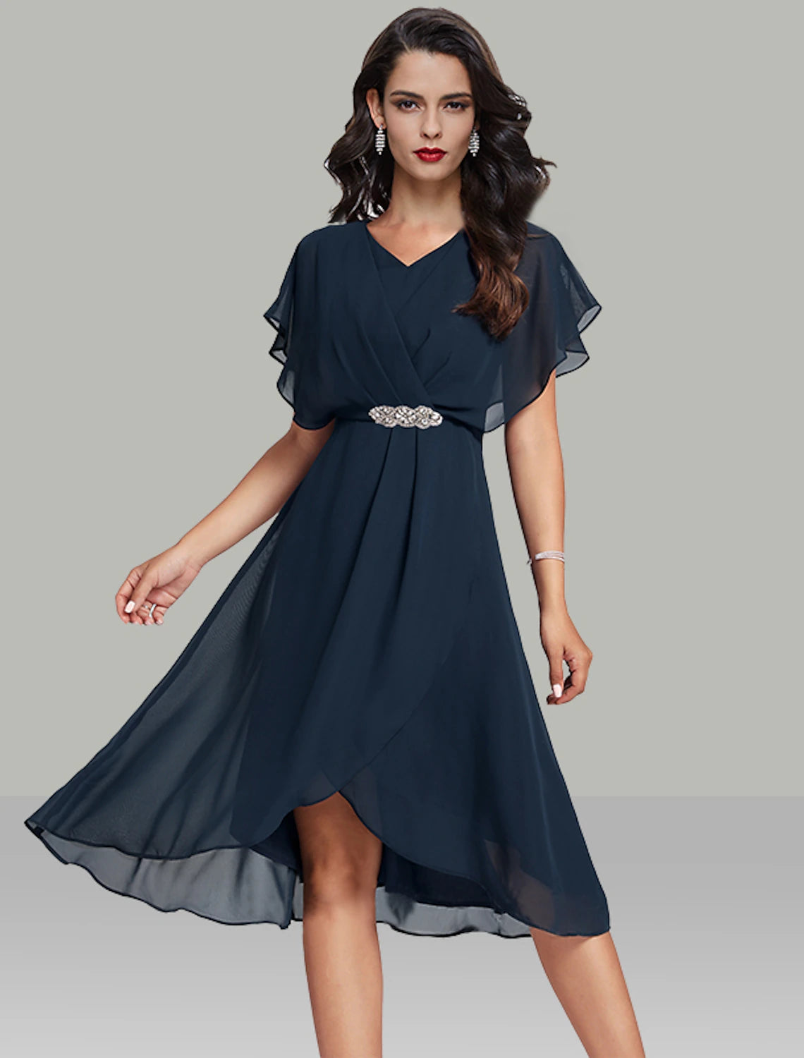 A-line tea-length chiffon wedding guest dress with V-neck, short sleeves, and beaded belt