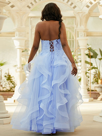 A-line halter applique tulle floor-length prom dress