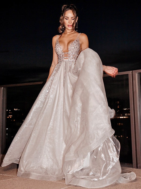 A-Line V-neck sleeveless organza prom dress with beading and sweep train