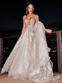 A-Line V-neck sleeveless organza prom dress with beading and sweep train