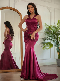 Front view of halter sleeveless ruched silk-like satin sheath prom dress with sweep train