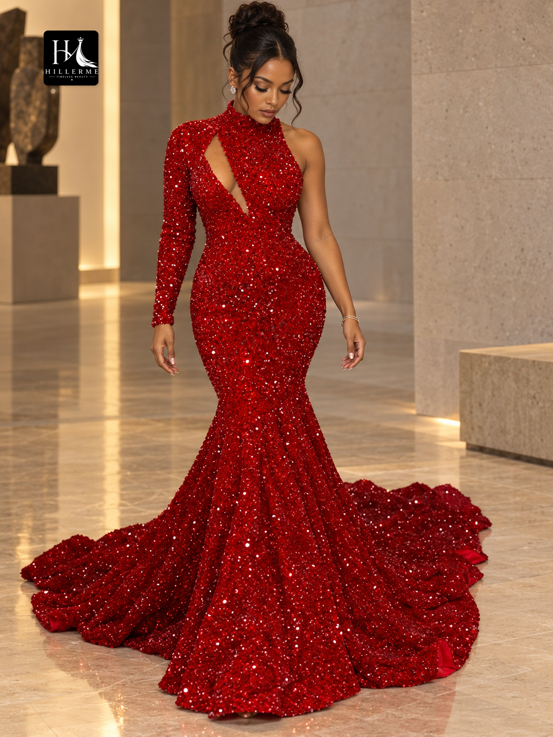 Trumpet/Mermaid High Neck Sequin Long Sleeve Prom Dress with Sweep Train