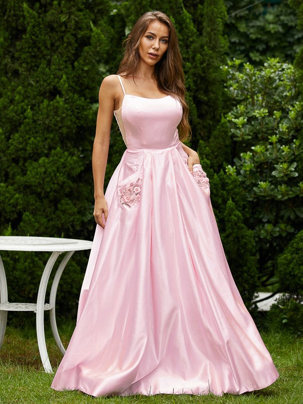 A-line satin floor-length prom dress with applique and spaghetti straps