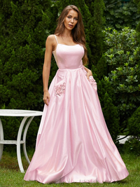 A-line satin floor-length prom dress with applique and spaghetti straps