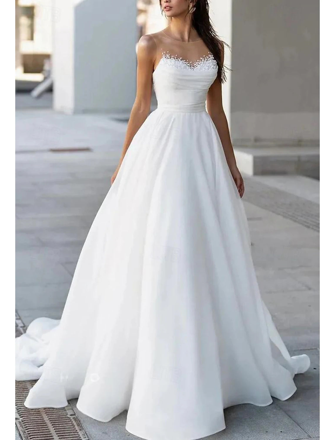 A-line boat neck sleeveless tulle wedding dress with sweep train in White