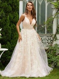 V-neck sleeveless lace and tulle A-line princess prom dress