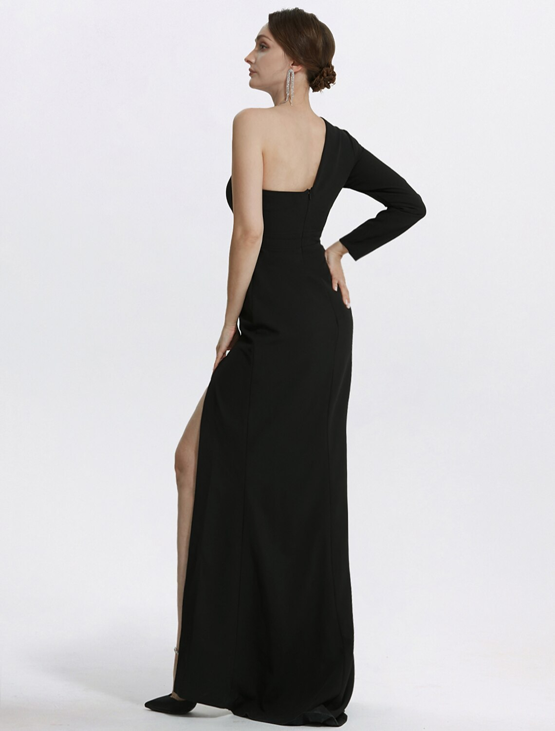 Floor-length black mermaid evening dress featuring a one-shoulder design