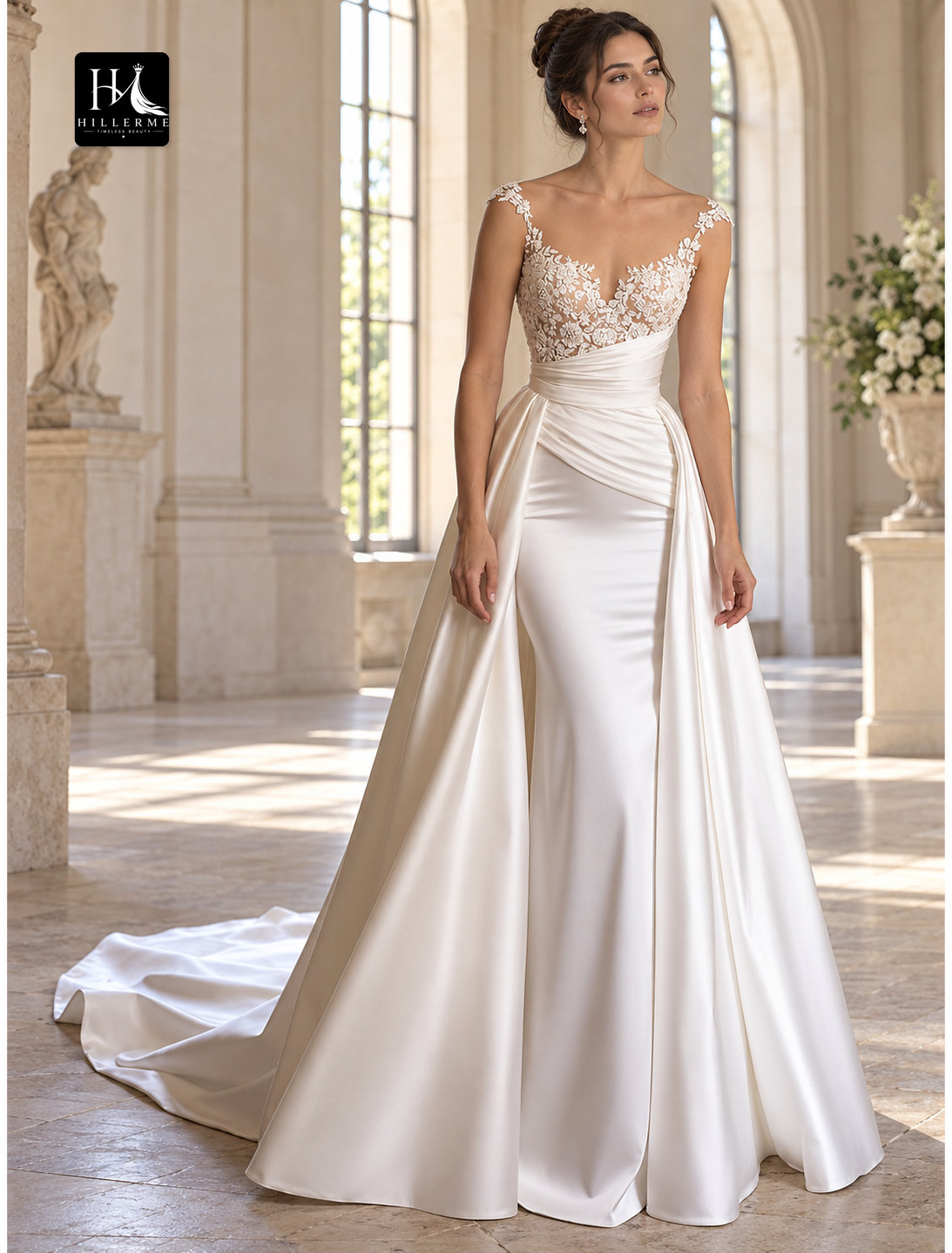 Off-the-Shoulder V-Neck Satin Ball Gown Wedding Dress with Chapel Train and Ruched Pleats