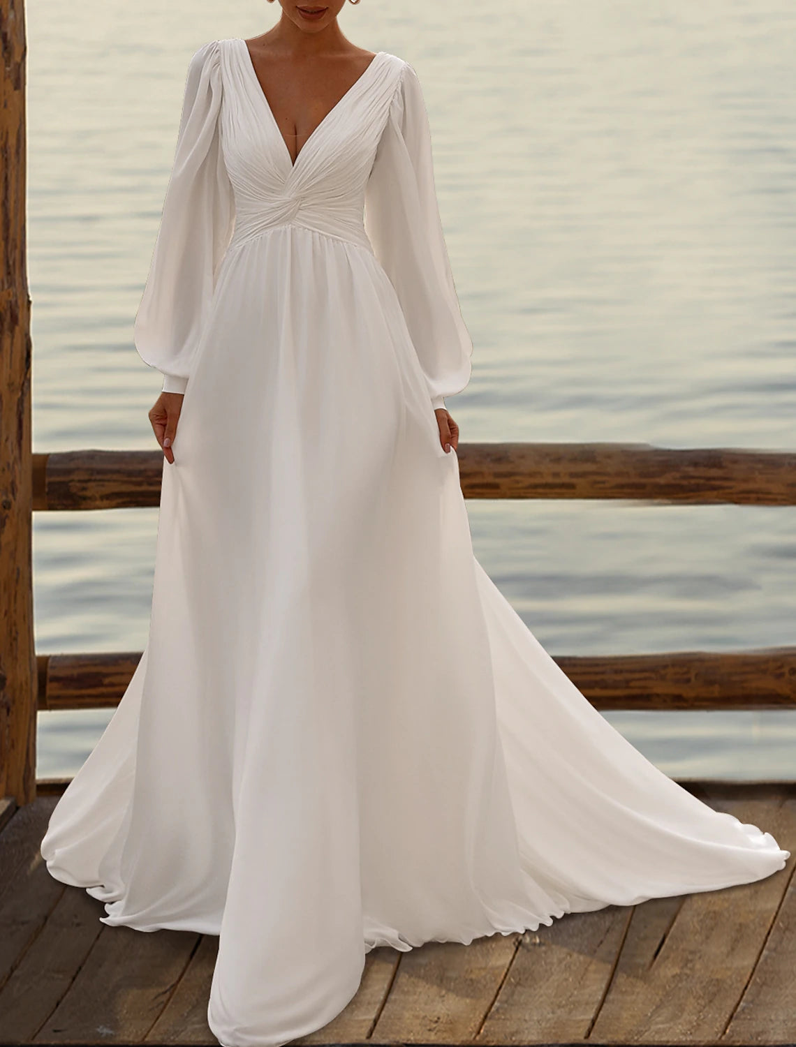 Sleeveless camisole tea length chiffon wedding dress in ivory with pleats