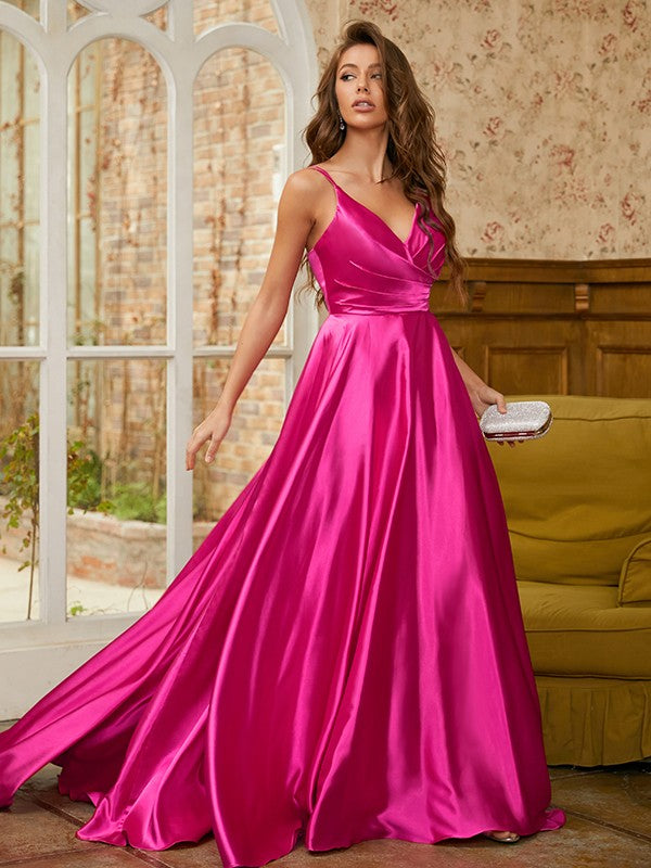 A-line elastic woven satin prom dress with ruched V-neck and sleeveless bodice