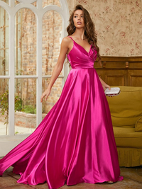 A-line elastic woven satin prom dress with ruched V-neck and sleeveless bodice