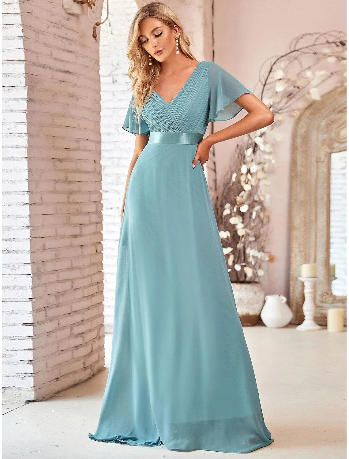 A-line chiffon formal evening dress featuring empire waist and short sleeves