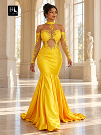 Off-the-Shoulder Long Sleeve Applique Trumpet Mermaid Elastic Woven Satin Prom Dress