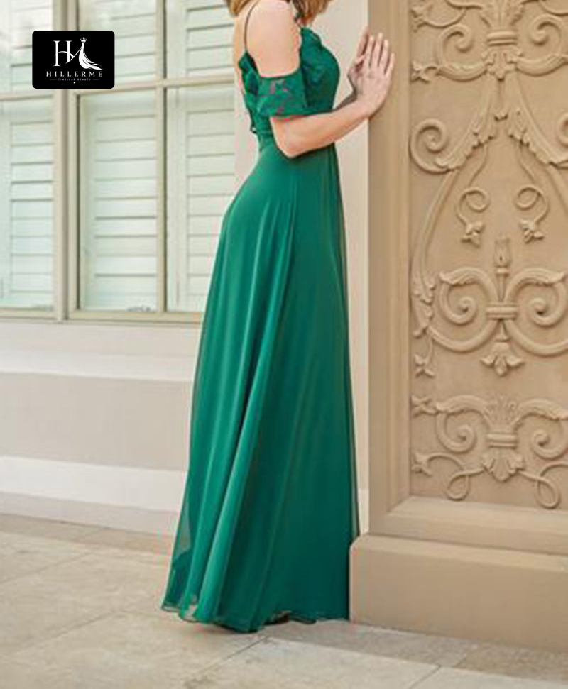 B5103 - A-Line Bridesmaid Dress with Cap Sleeves, V-Neck, and Slit Detailing