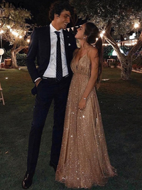 A-line paillette tulle floor-length prom dress with V-neck
