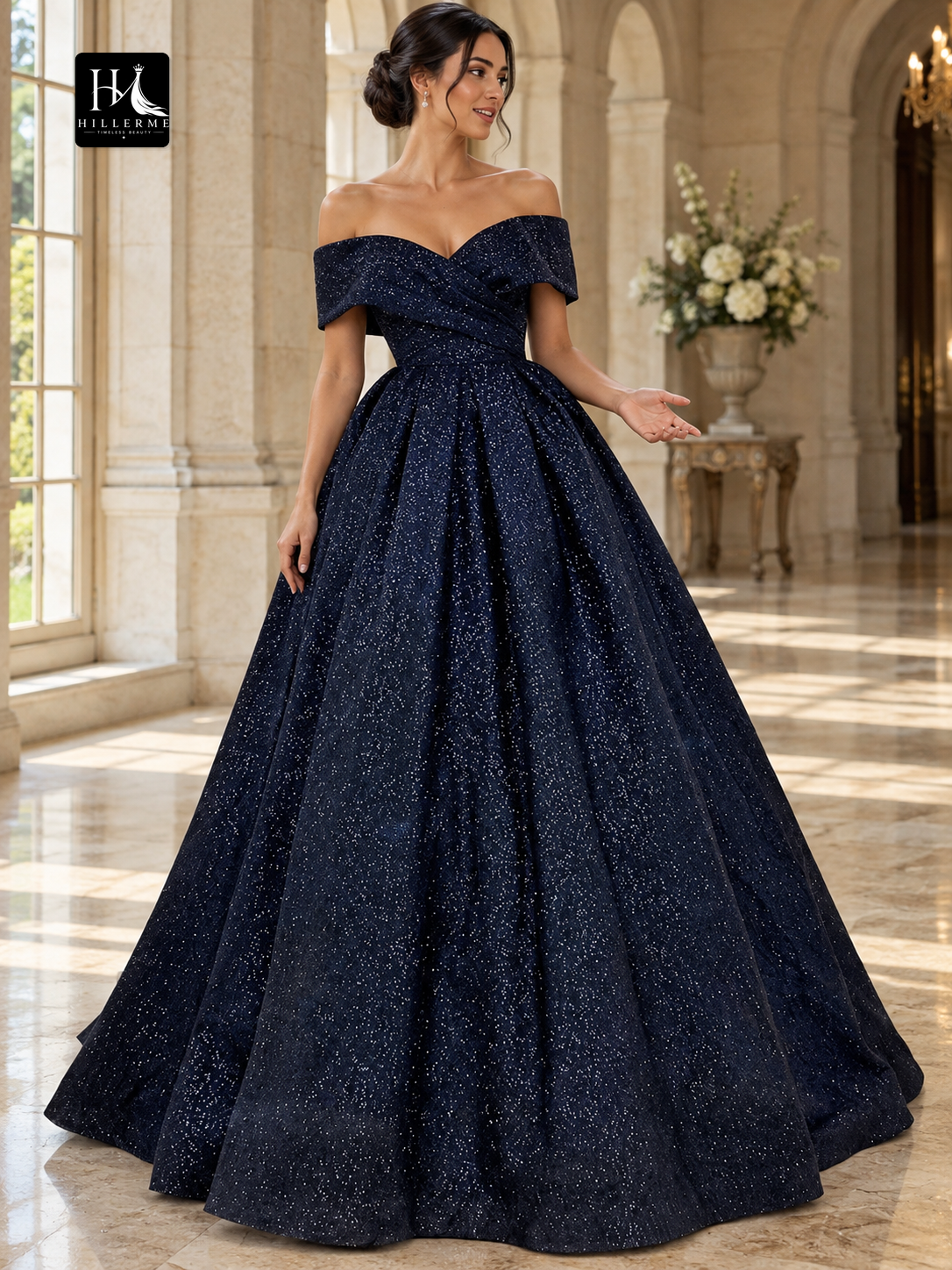 Ruched Off-the-Shoulder Ball Gown Prom Dress with Sweep Train