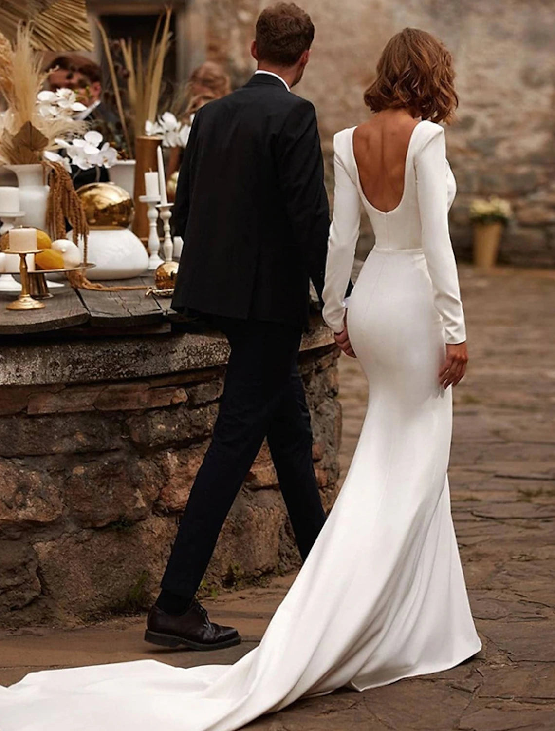 Ivory open back satin mermaid wedding dress with court train