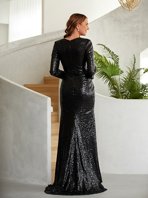 Sheath column sequin prom dress with ruched details and V-neck