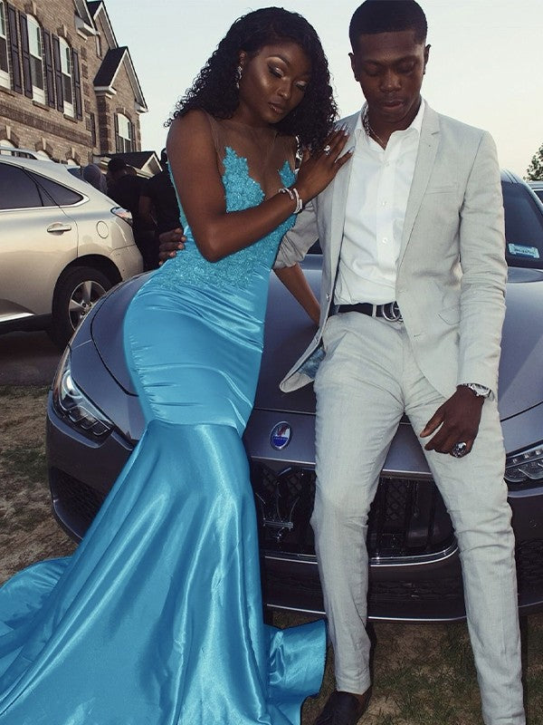 Trumpet/mermaid scoop sleeveless applique silk-like satin prom dress with sweep/brush train