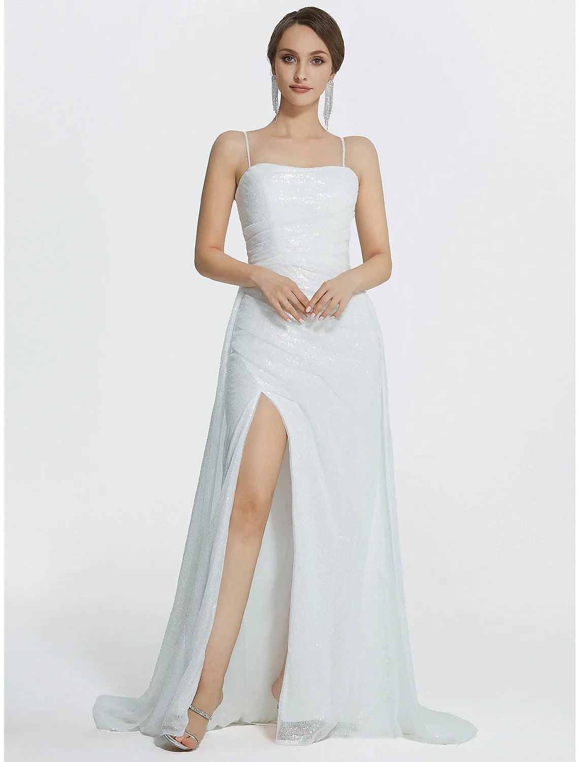 Cowl neck floor-length sequined mermaid prom dress with ruched slit