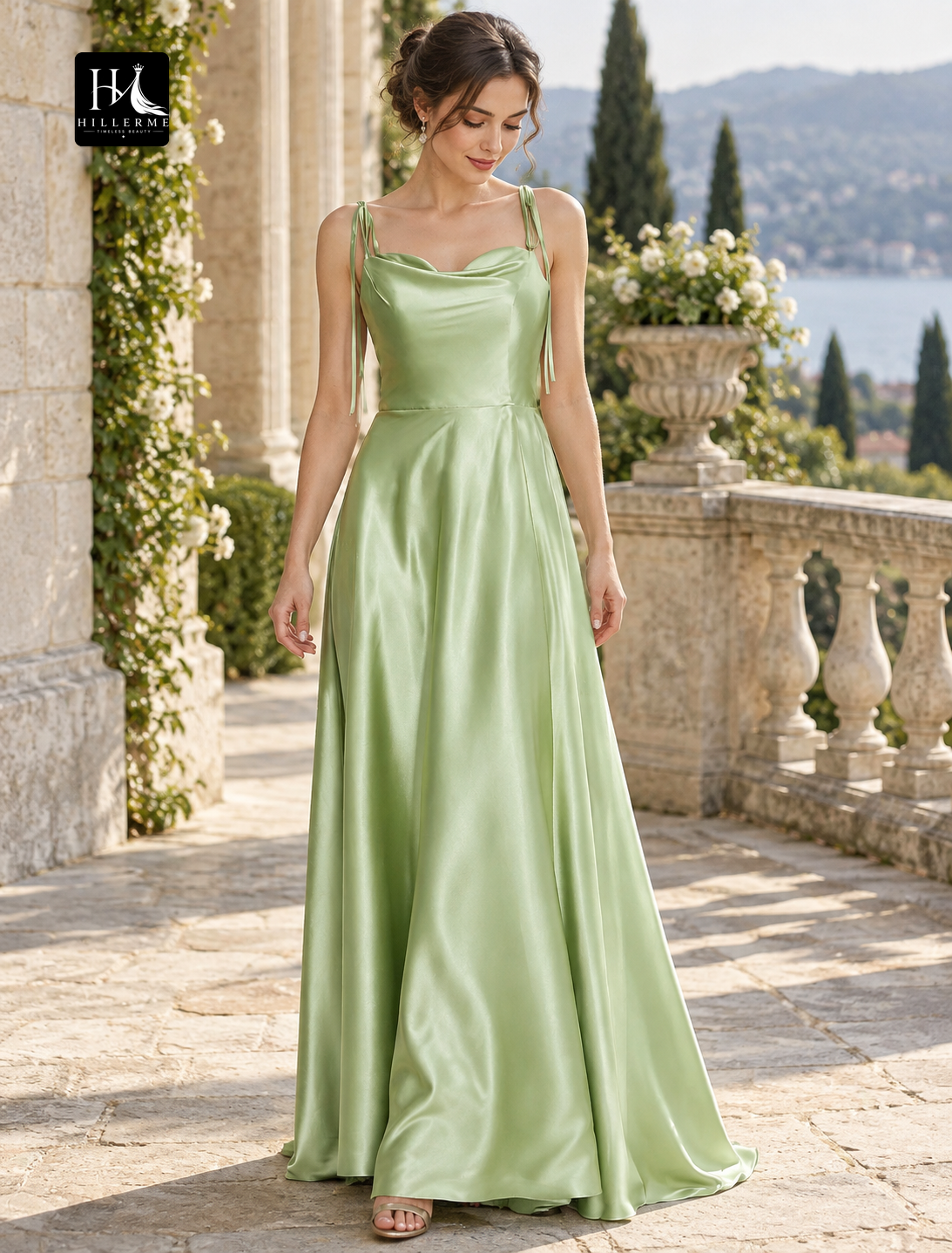 A-Line Satin Floor-Length Evening Gown with Ruched Slit and Spaghetti Straps