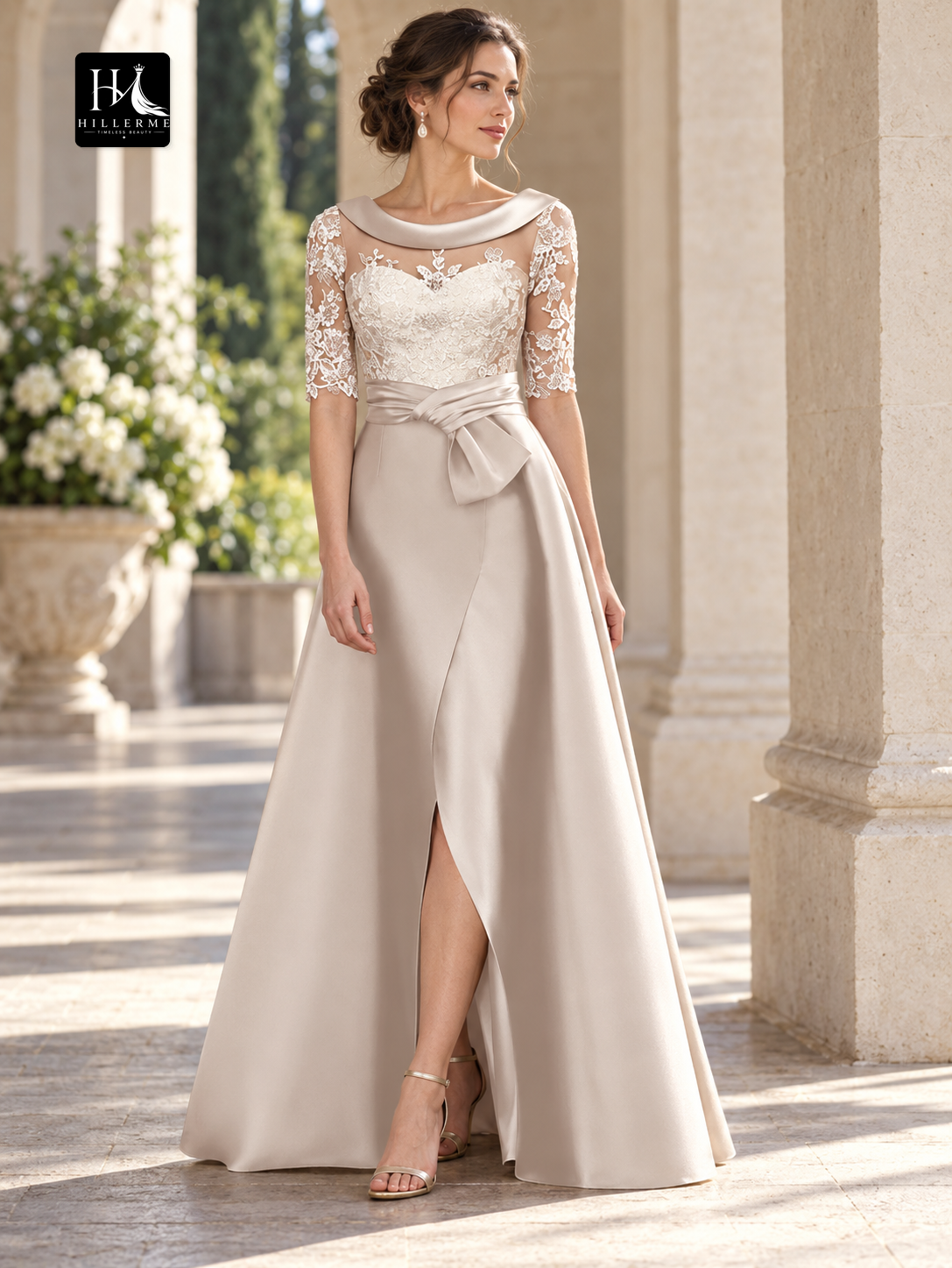 A-Line Satin and Lace Mother of the Bride Dress with Scoop Neck and Half Sleeves