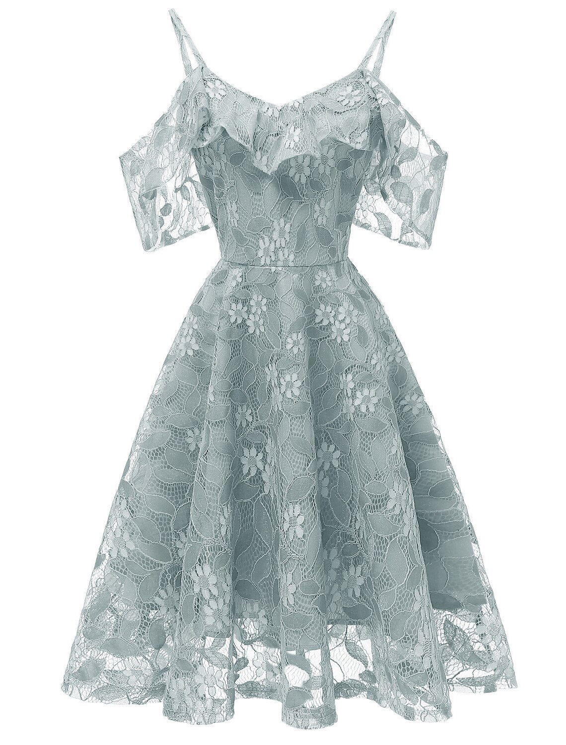 Knee length lace cocktail dress with lace insert pattern and print detailing
