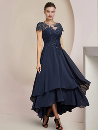 A-line high-low mother of the bride dress in dark navy chiffon with sequin lace appliques