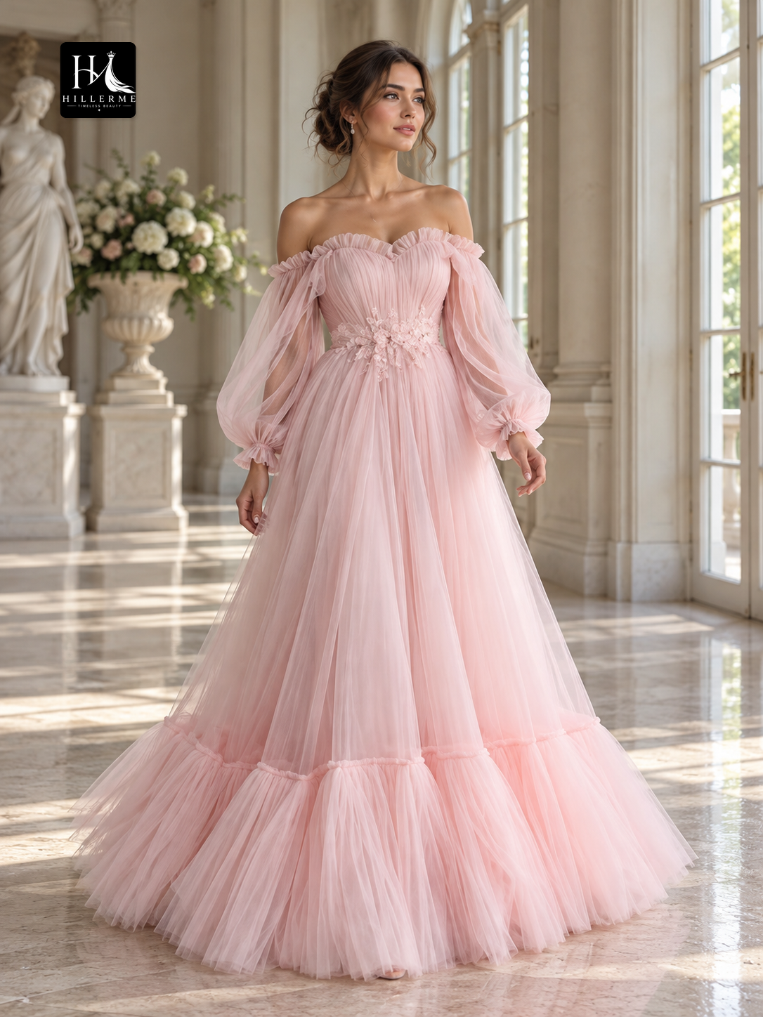 Off-the-Shoulder Long-Sleeve Tulle Applique Floor-Length A-Line Prom Dress