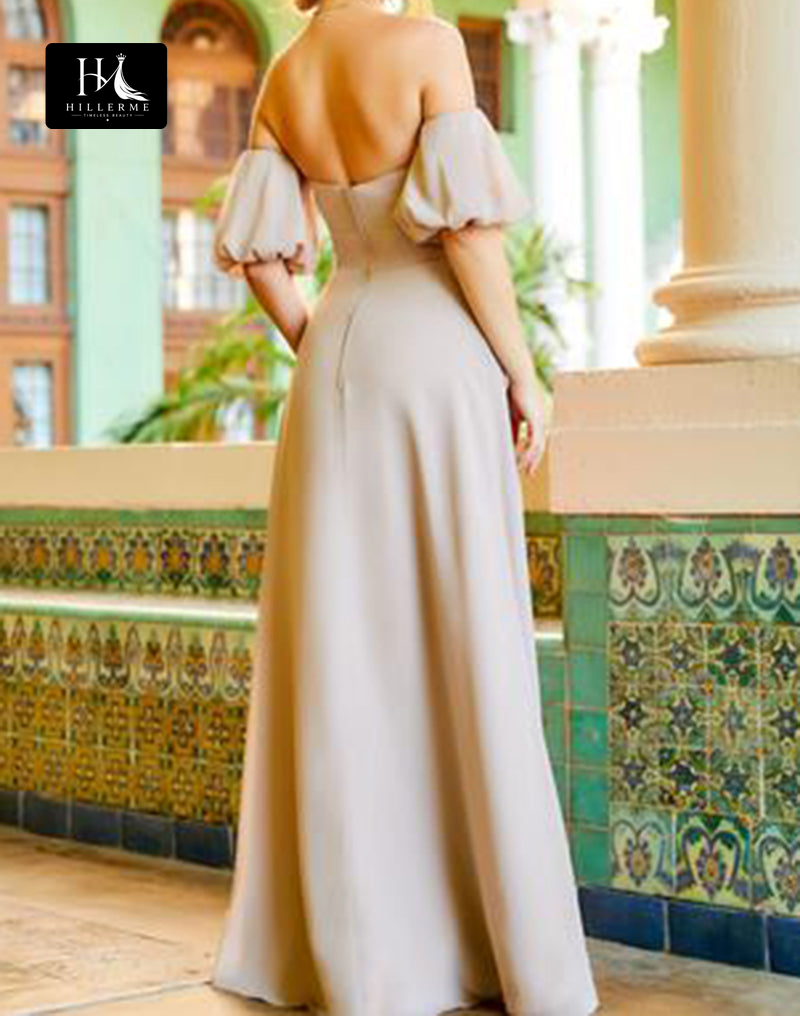 B5112 - A-Line Strapless Sweetheart Cap Sleeve Long Bridesmaid Dress with Slit