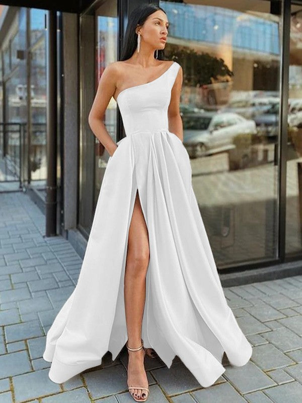 Floor-length A-line satin prom gown featuring a ruffled one-shoulder neckline
