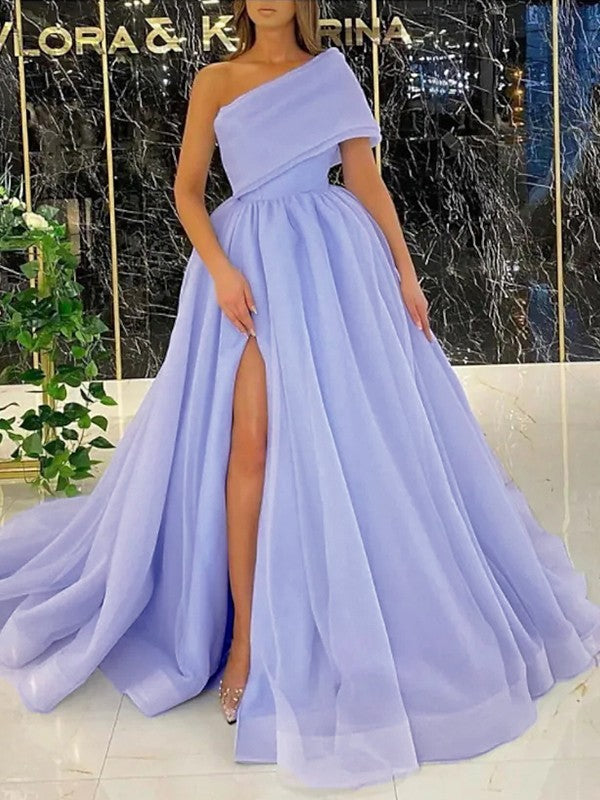 Organza ruffle one-shoulder sleeveless ball gown prom dress with sweep train
